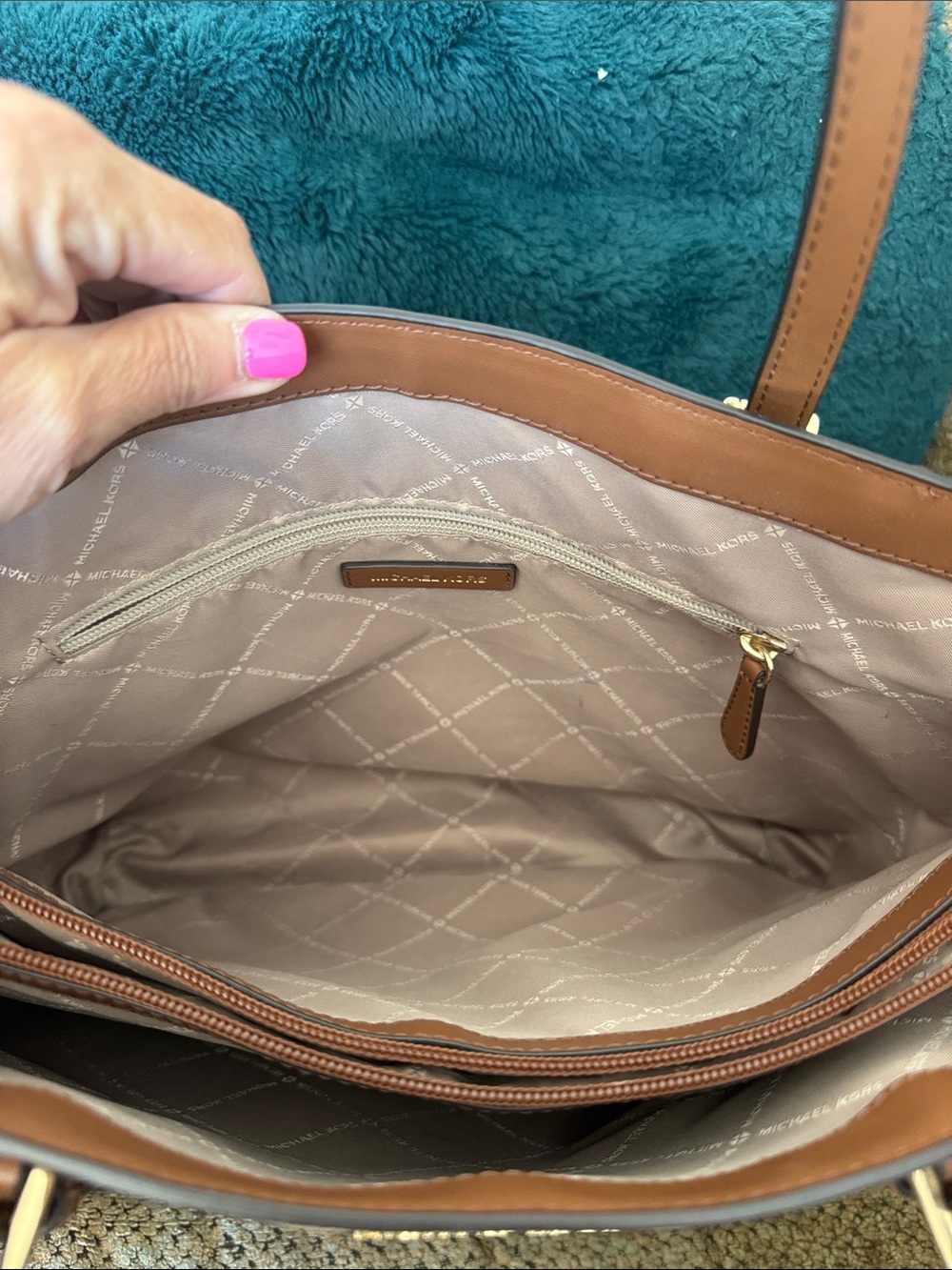 Michael Kors Two-Tone MK Logo Tote in Brown and Cream - Picture 10 of 13